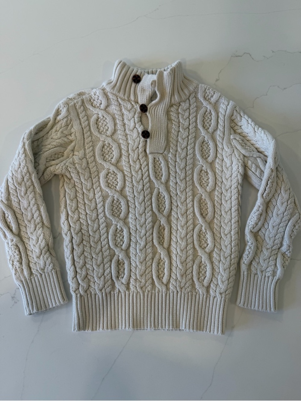 Hope and Henry Kids Organic Cream Cable-Knit Mock Neck Sweater with Buttons